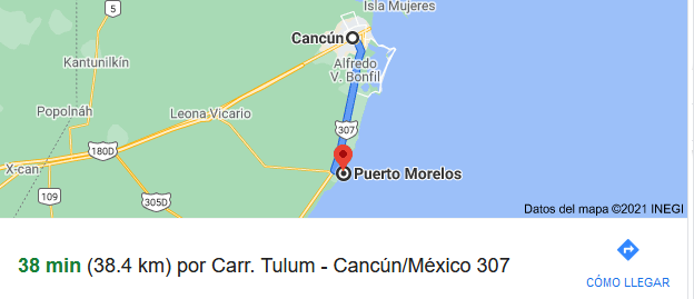 distancia de cancun a puerto morelos