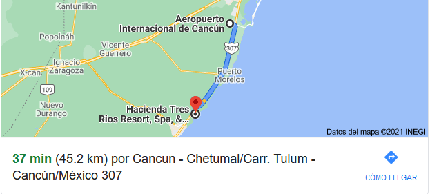 Distancia entre aeropuerto de Cancún y hotel Hacienda tres Ríos