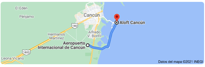 distancia del aeropuerto de Cancún al hotel Aloft Cancún