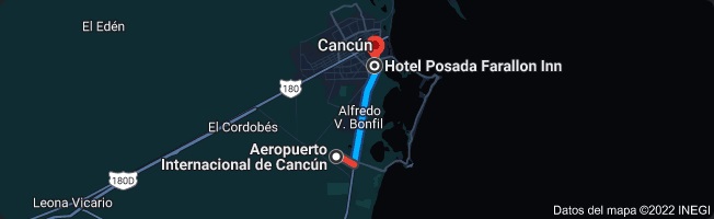 Distancia del aeropuerto de Cancun al hotel Capital O Farallon Inn